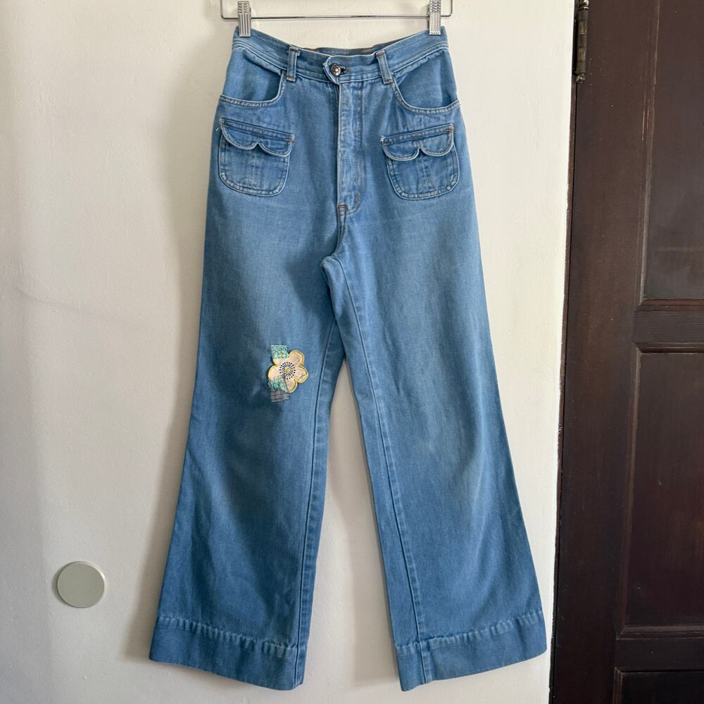 1970s Vintage CASTLE SQUARE Blue Bell Bottom Bareback Jeans with Patches | 26
